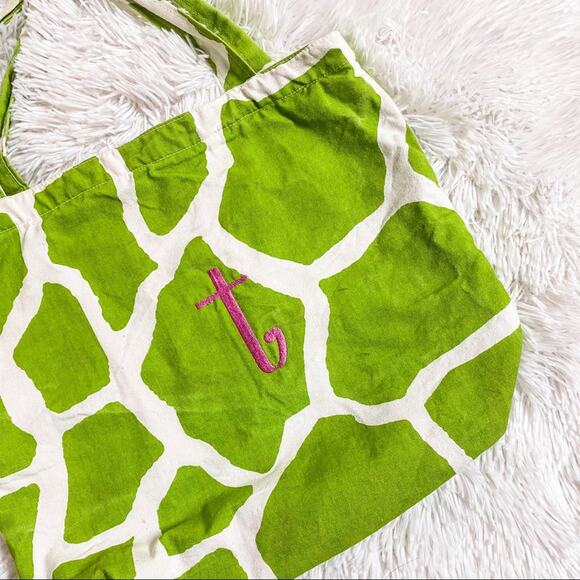 Monogram ‘T’ Giraffe Print Canvas Shopper Tote Bag - Picture 1 of 8